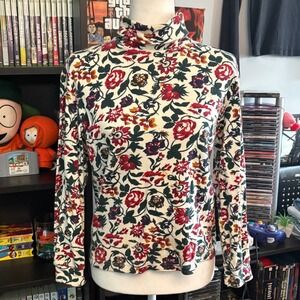 Vtg Partners Mervyns Womens Floral Turtleneck Long Sleeve Cotton Top Red Cream S